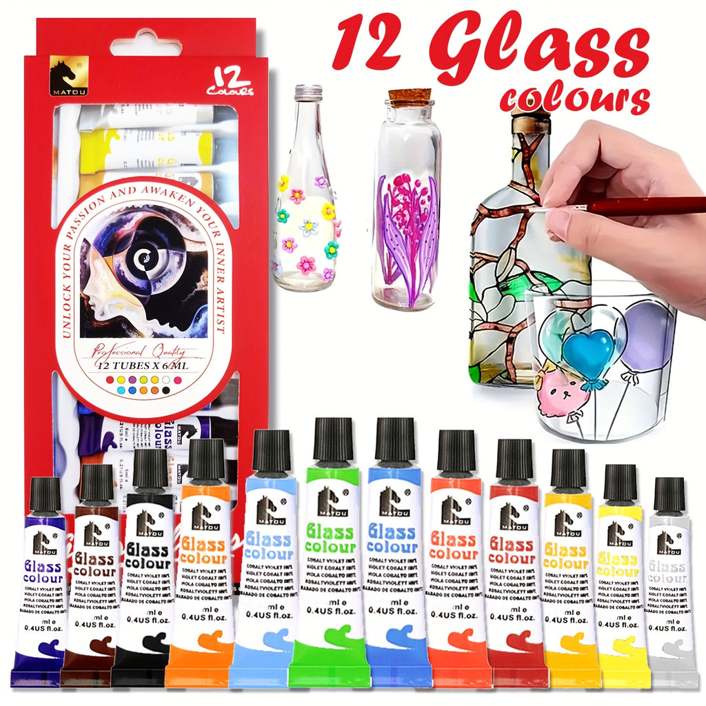 Glasmalfarben Set – 12 leuchtende Farben für kreative DIY-Gläser (je 6 ml)